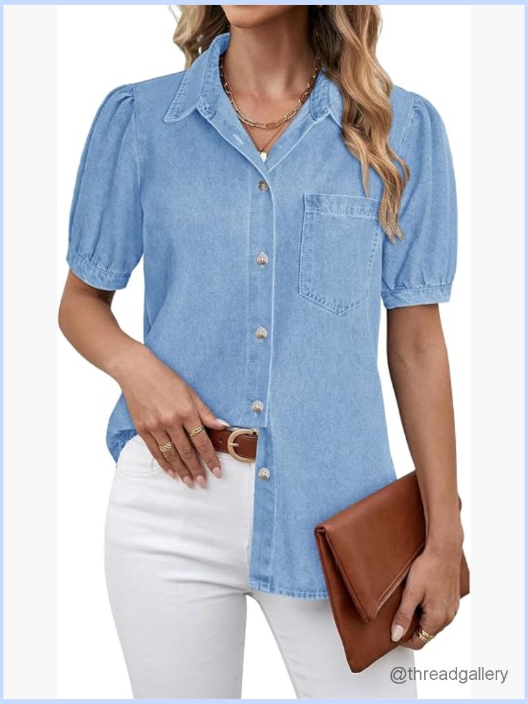 Women's Denim Button Down Shirt With Puff Sleeves